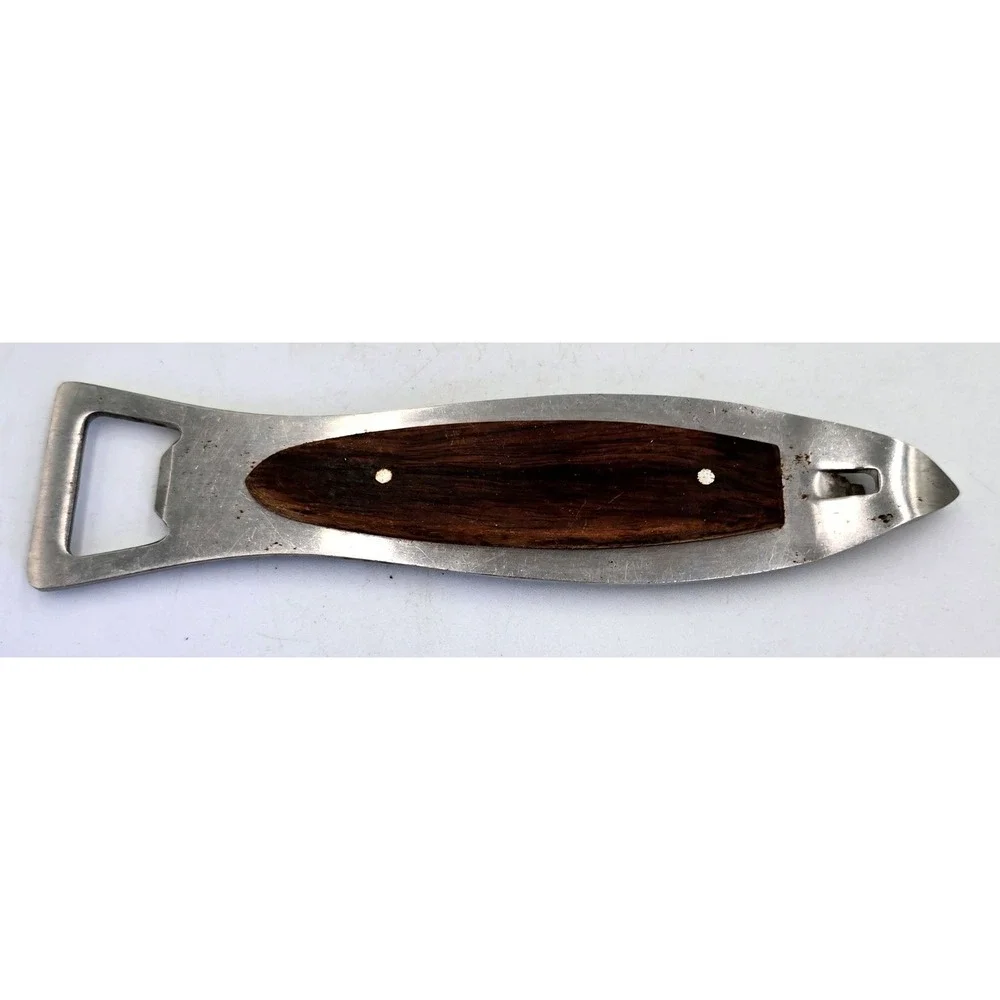 Vintage Stainless Steel Wood Inlay Bottle Opener Can Piercer Fish Shaped Japan